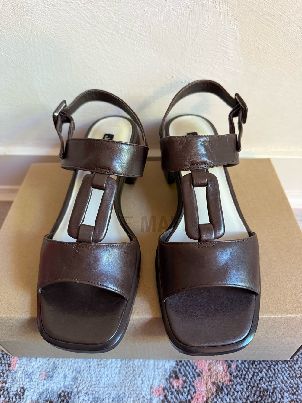 Vintage Brown Leather T-Strap Block Heel Sandals